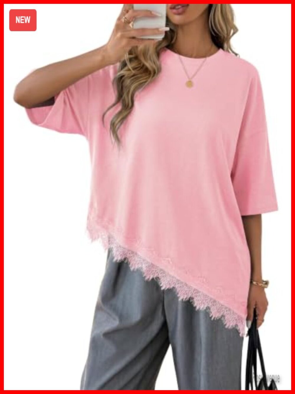 Womens Lace Asymmetrical Hem Blouse 3/4 Sleeve Flowy Tunic Top